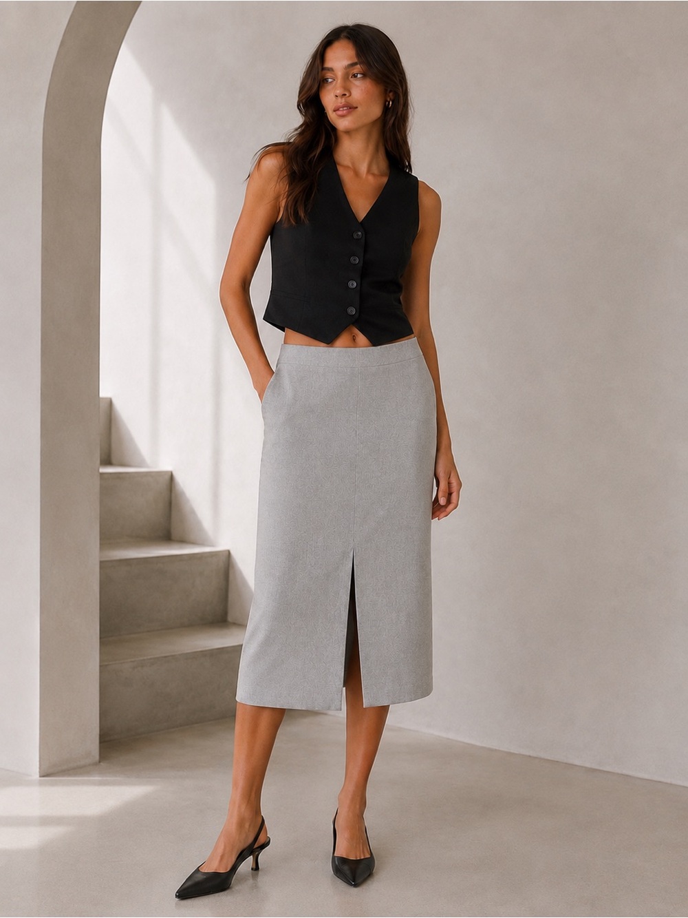 ARITZIA Babaton Alton Double Slit Pencil Skirt Light Grey Size 10